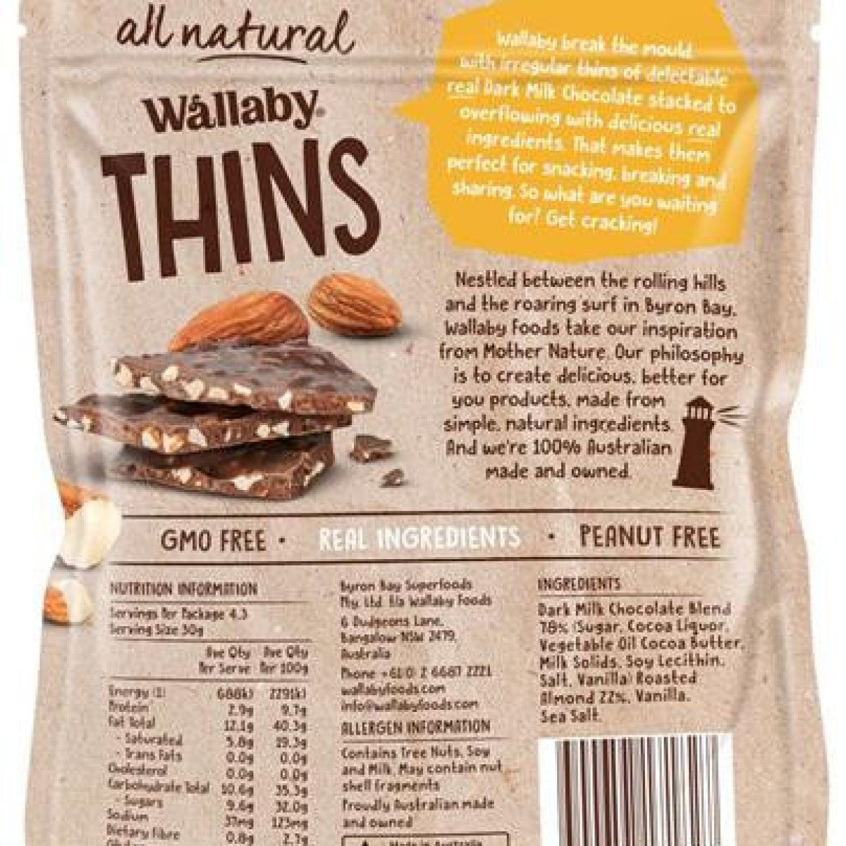 Wallaby Thins Dark Chocolate Roast Almond