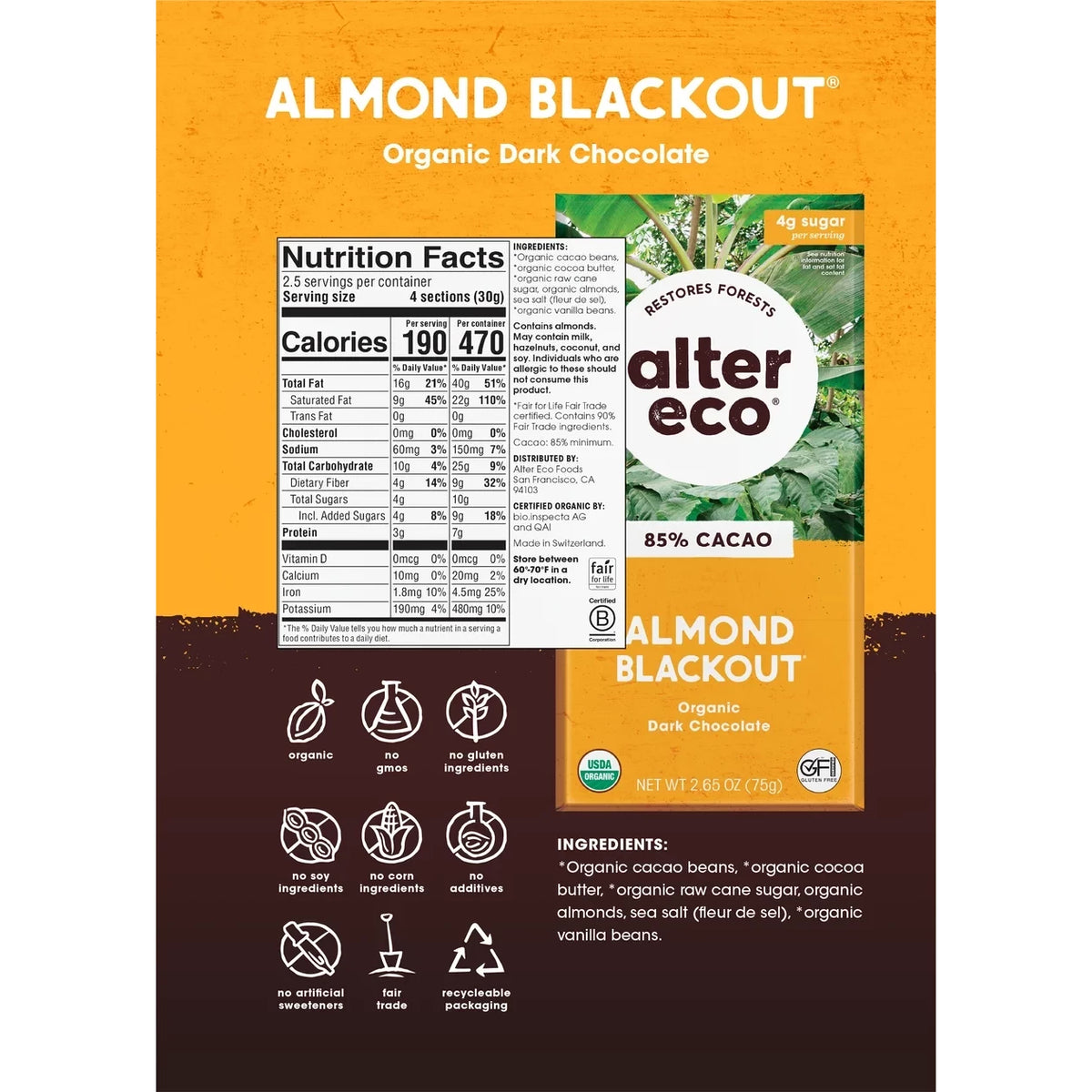 Alter Eco Chocolate Bar Almond Blackout 85%