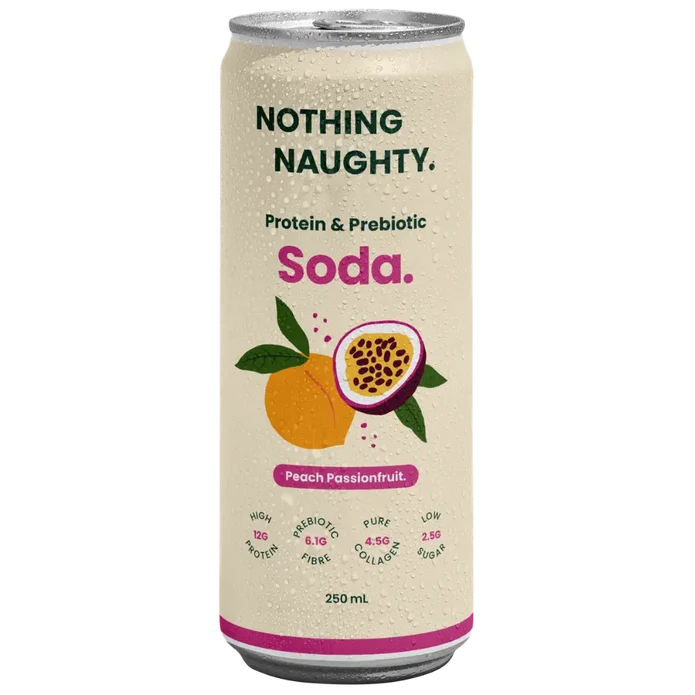 Nothing Naughty protein & Prebiotic Soda Peach Passionfruit