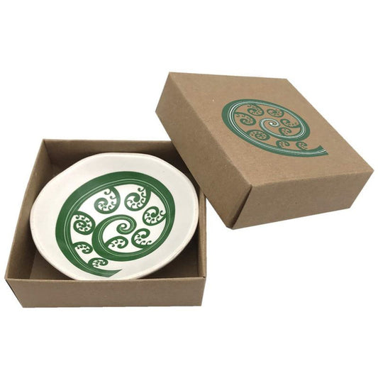 Green Fern Frond on White 7cm Bowl