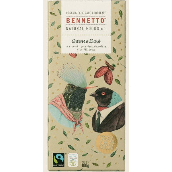 Bennetto Intense Dark 75% Organic Fairtrade Chocolate 100G-front.jpg