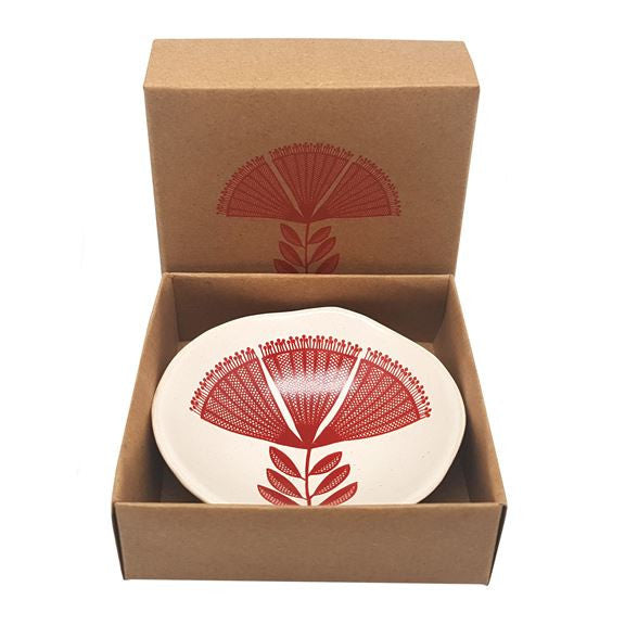 Red Pohutukawa Lace on White 7cm Bowl